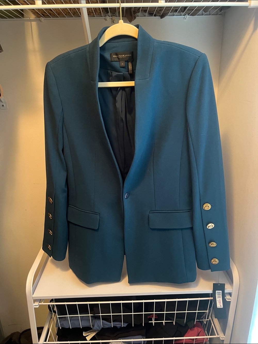Donna Karan Teal Single-Button Blazer with Gold Buttons